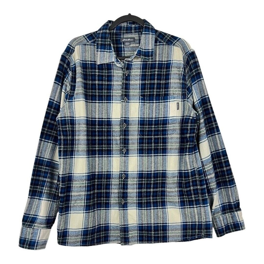 Eddie Bauer Mens Size XL Blue Plaid Flannel Button Up Cotton Shirt